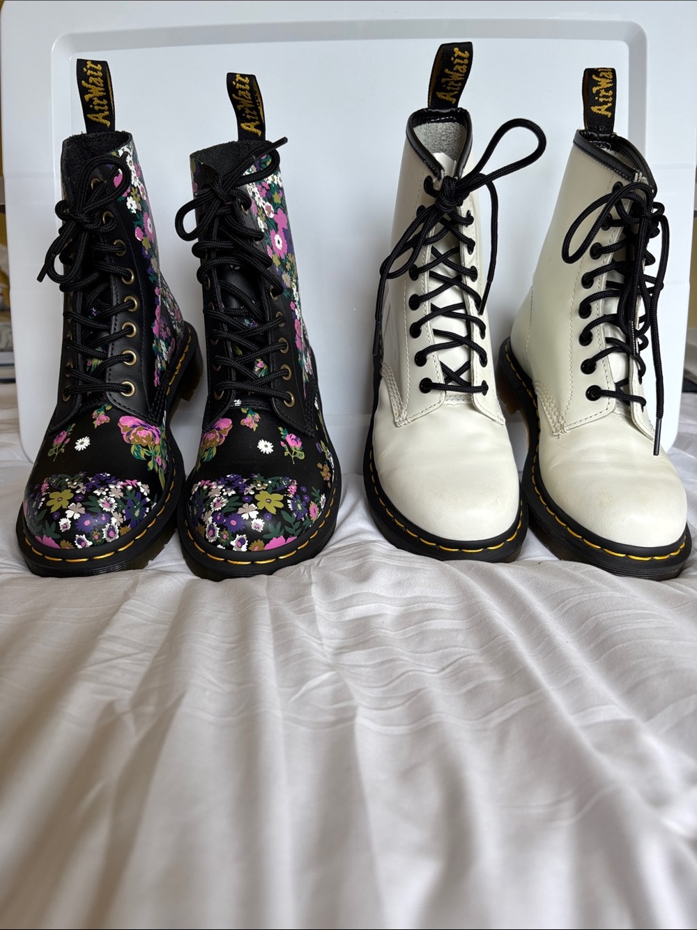 Dr. Martens 2 pr Black Floral Pascal 1460 and White Leather Lace-Up Boots SZ 7 - Picture 3 of 15
